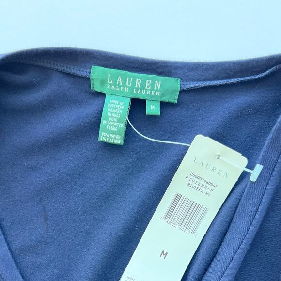 Lauren Ralph Lauren Size M Navy Blue Y2K V-Neck Henley Top 3/4 Sleeve Stretch - Picture 6 of 10